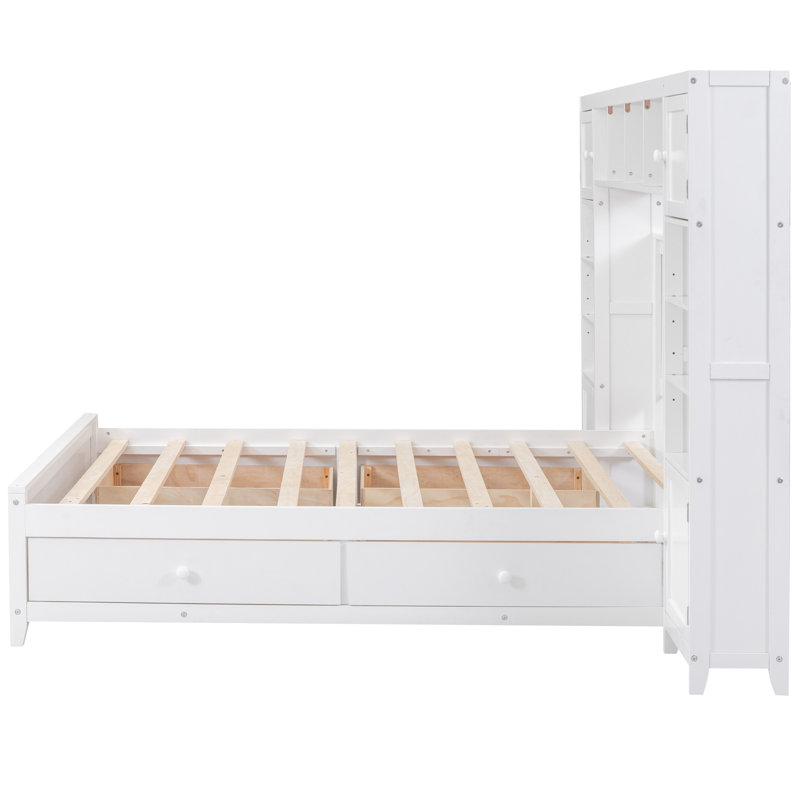 Lit double en bois blanc avec une armoire, une tablette et un rangement - Conception élégante, polyvalente et intégrée, Blanc