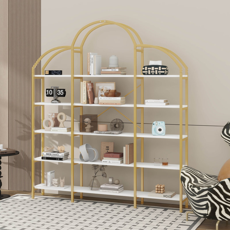 74.8 Inch 5-Tier Office Bookcase With Round Top, X Bar Gold Frame