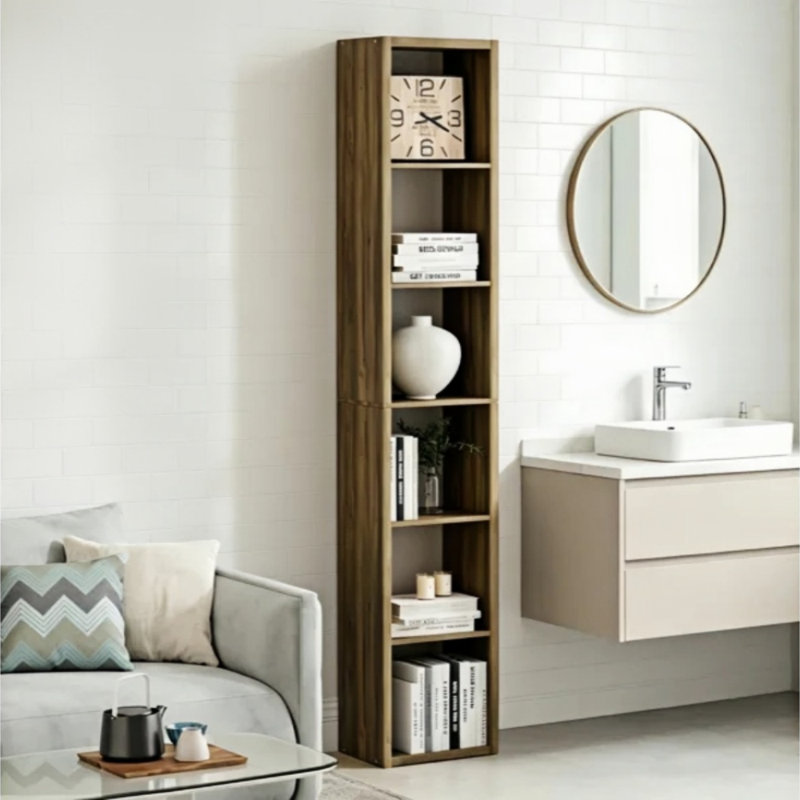 Tall Narrow 6‑Shelf Corner Bookcase, Slim Vertical Open Shelving for Small‑Space Home, Brown