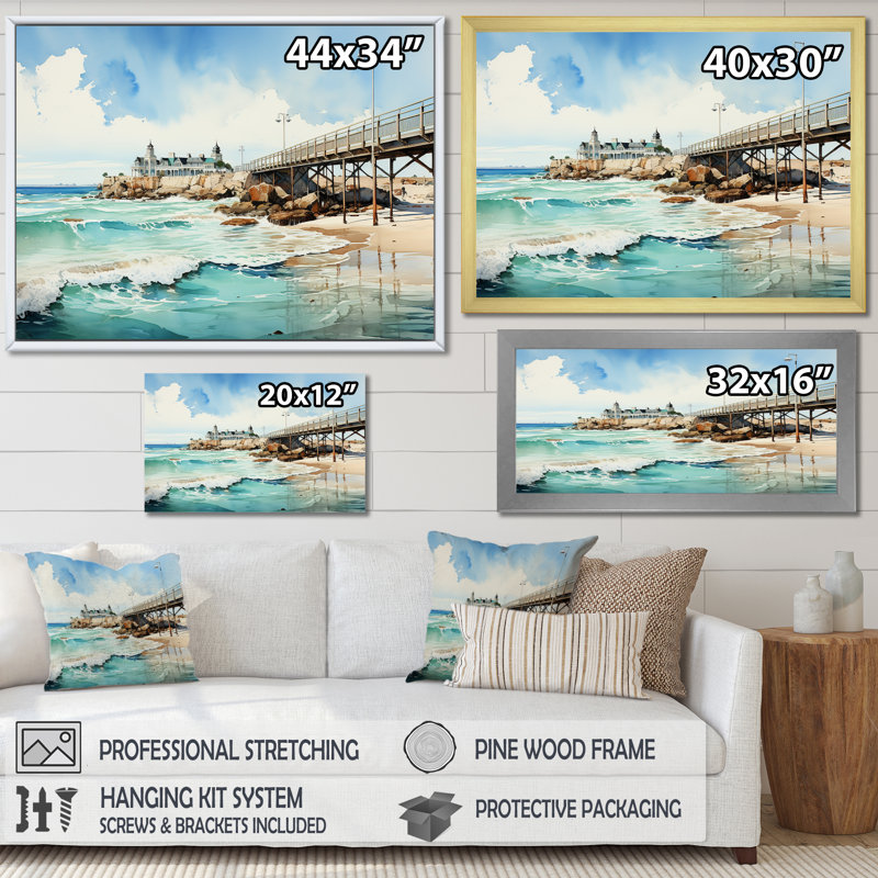 Pitchford - plage et océan, reproduction d'art sur toile, Cadre flottant blanc, H 30 po x l 40 po