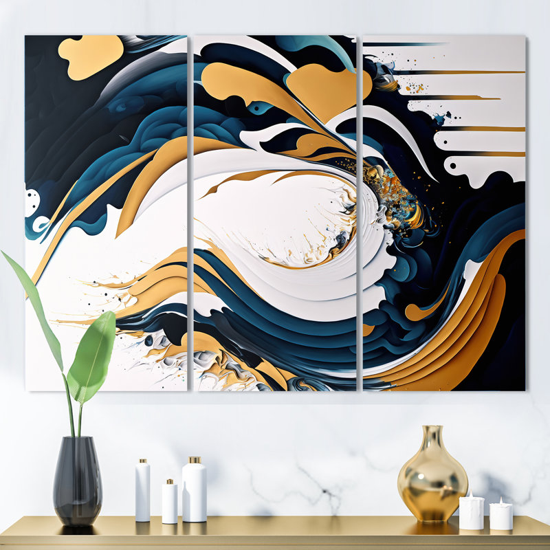 Bleu et or, art moderne abstrait, peinture V - ensemble d'art mural moderne sur toile, H 28 po x l 36 po x P 1 po
