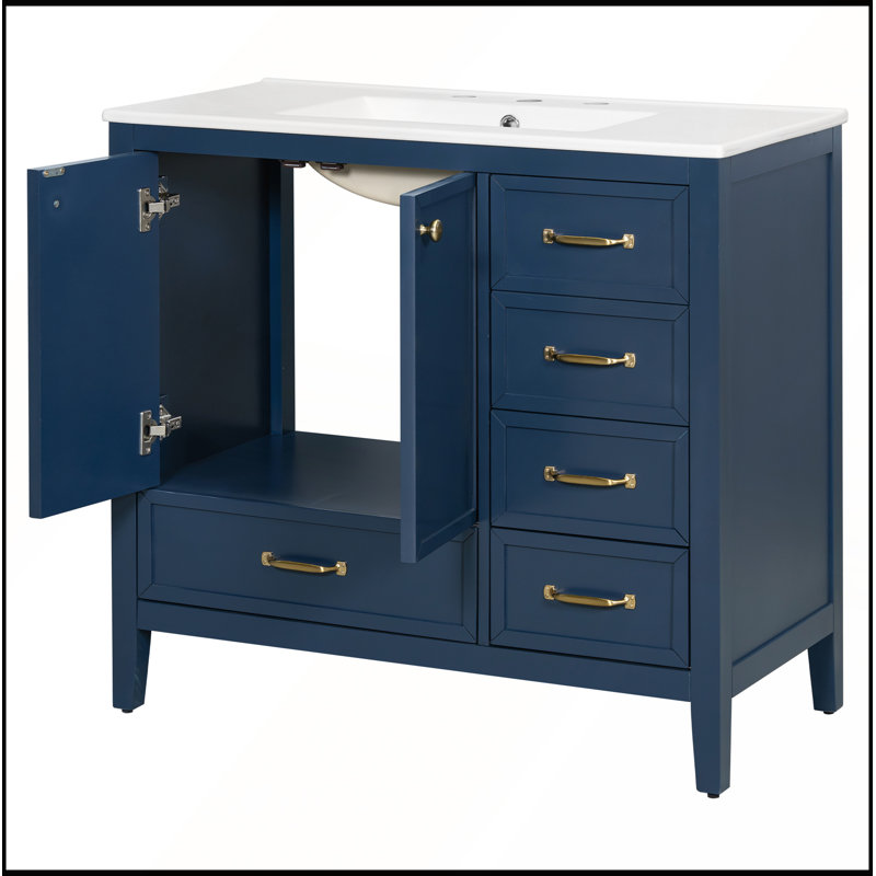 Meuble-lavabo de 36 po avec lavabo, tiroirs à fermeture en douceur, structure en bois massif, rangement à plusieurs niveaux et finition bleue élégante
