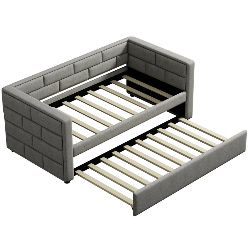 Twin Size Daybed With Trundle, Upholstered Daybed With Padded Back, Gray