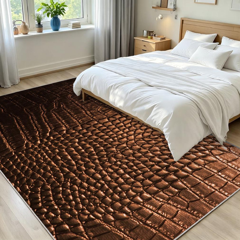 Brown Crocodile Leather Fancy Abstract Alligator Animal Art Bag Case Machine Washable Indoor Area Rug, Rectangle 71" x 98"