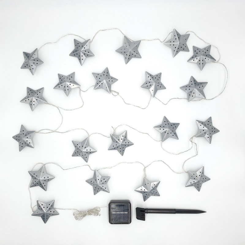 Silver Metal Star Solar String Lights, 20 Lights Silver Metal Star Solar String Lights, 20 Lights