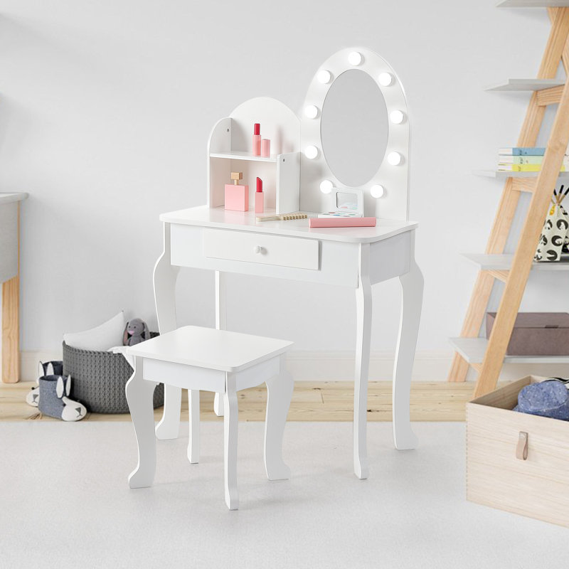 Kids Princess Vanity Set, Little Girl Pretend Play Make Up Vanity Table and Stool with Lighted Mirror, Makeup Playset, Storage Drawer, White Makeup Dressing Desk for Girls