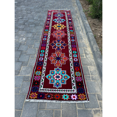 33.9x130.7 Inch Red Wool Patchwork Runner Rug, Traditional Style Rug