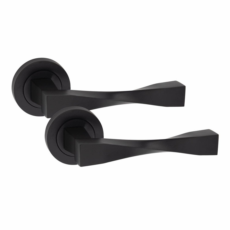 1 Pair Straight Astrid Twist Design Door Handles on Round Rose in Matt Black Finish with 2.5" Tubular Latch - 52mm Diameter