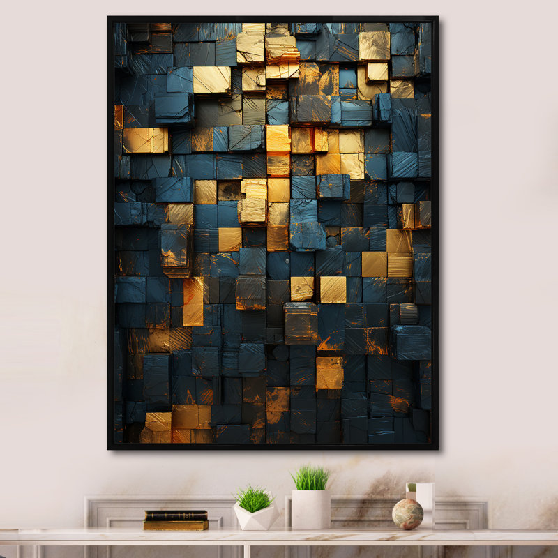Grunge cubes dorés abstrait géométrique V - art mural abstrait, Cadre flottant noir, H 44 po x l 34 po x P 1,5 po