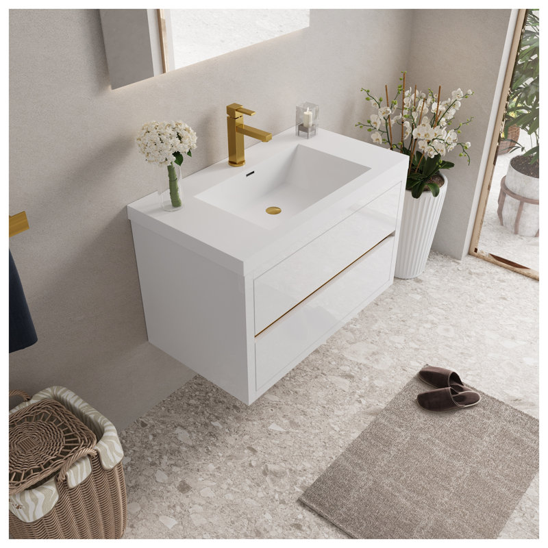 Meuble-lavabo mural de 91 cm (36 po) avec lavabo en résine de pierre, armoire suspendue blanche brillante avec tiroirs à fermeture douce, préassemblé