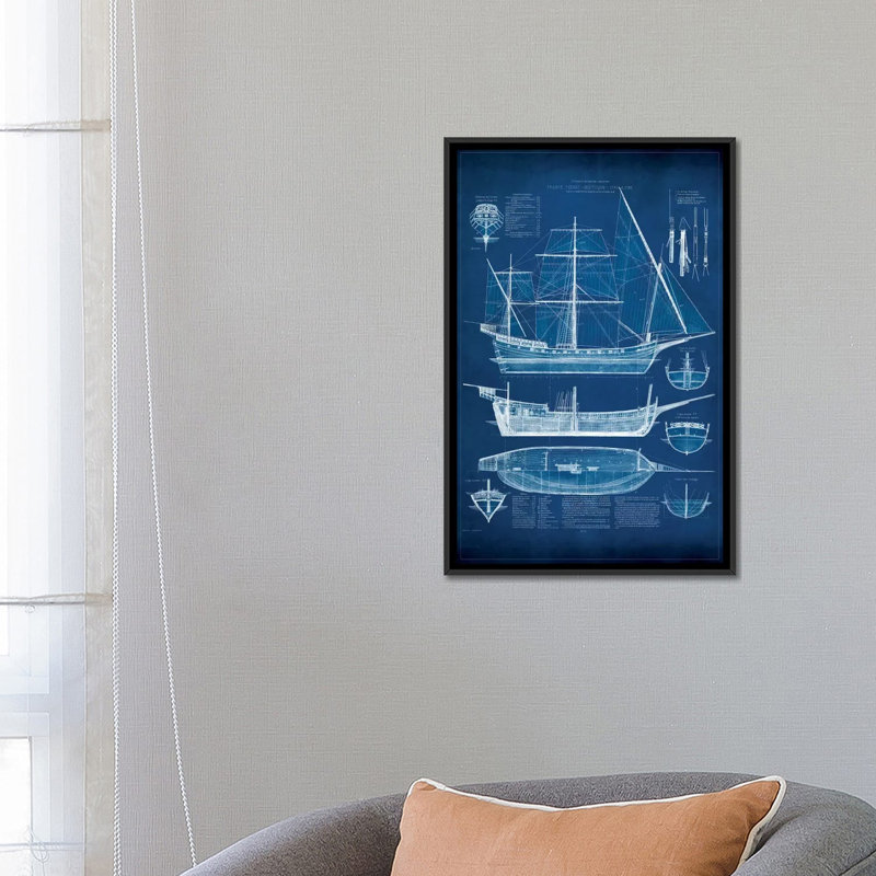 Breakwater Bay " Antique Ship Blueprint I ", 60" H x 40" W x 1.5" D, Black Framed Canvas