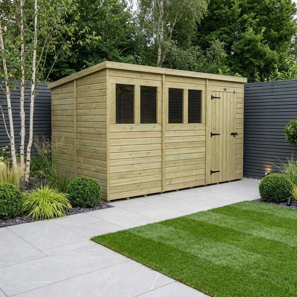 Total Sheds 12ft x 9ft Pent Garden Shed - Single Door - With Windows - Pressure Treated Timber - UK Manufactured