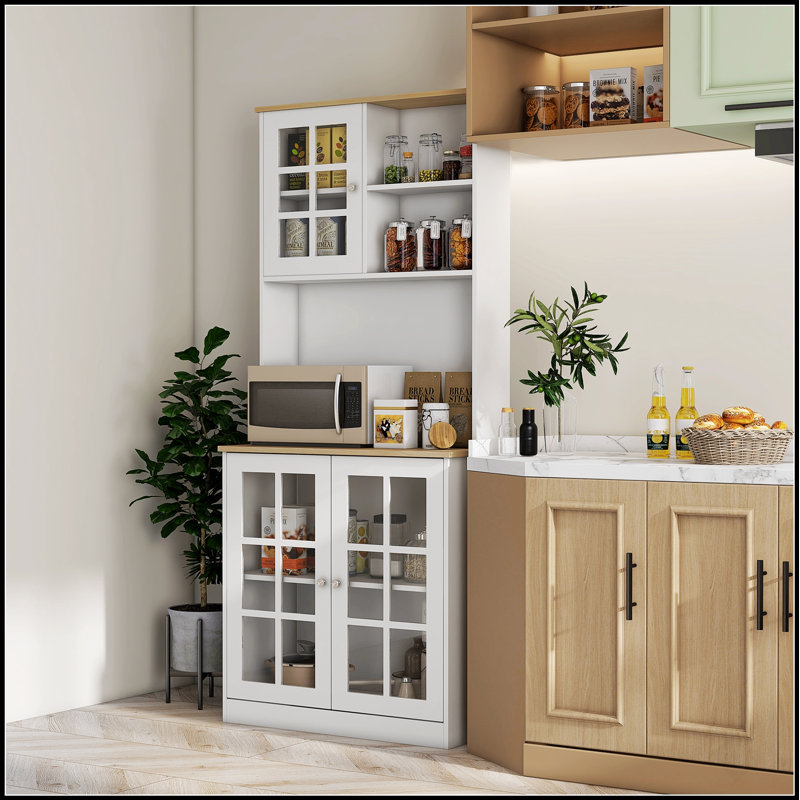 Armoire de cuisine, armoire de rangement autoportante de 72 po avec huche, grand comptoir, portes en verre et tablettes réglables, armoire à micro-ondes, armoire à café pour la salle à manger, blanc