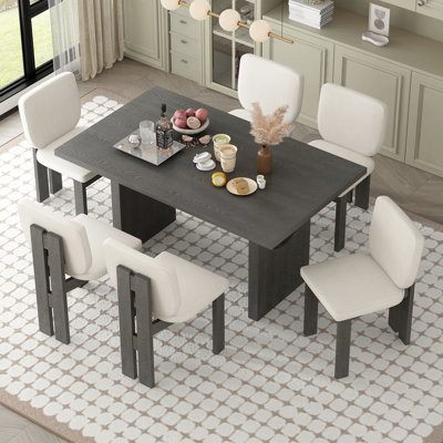 Ensemble de salle à manger 7 pièces 7 pièces, 1 table rectangulaire avec base à tréteaux et 6 chaises rembourrées pour la salle à manger et la cuisine