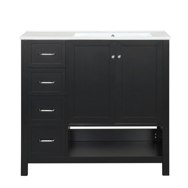 Meuble-lavabo 36 po avec comptoir d'évier, meuble-lavabo avec deux portes et deux tiroirs, bois massif, tablette ouverte, planches en MDF, un paquet
