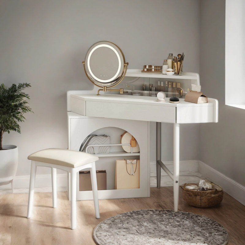 Bureau de coiffeuse de coin avec miroir pliant et miroir à DEL