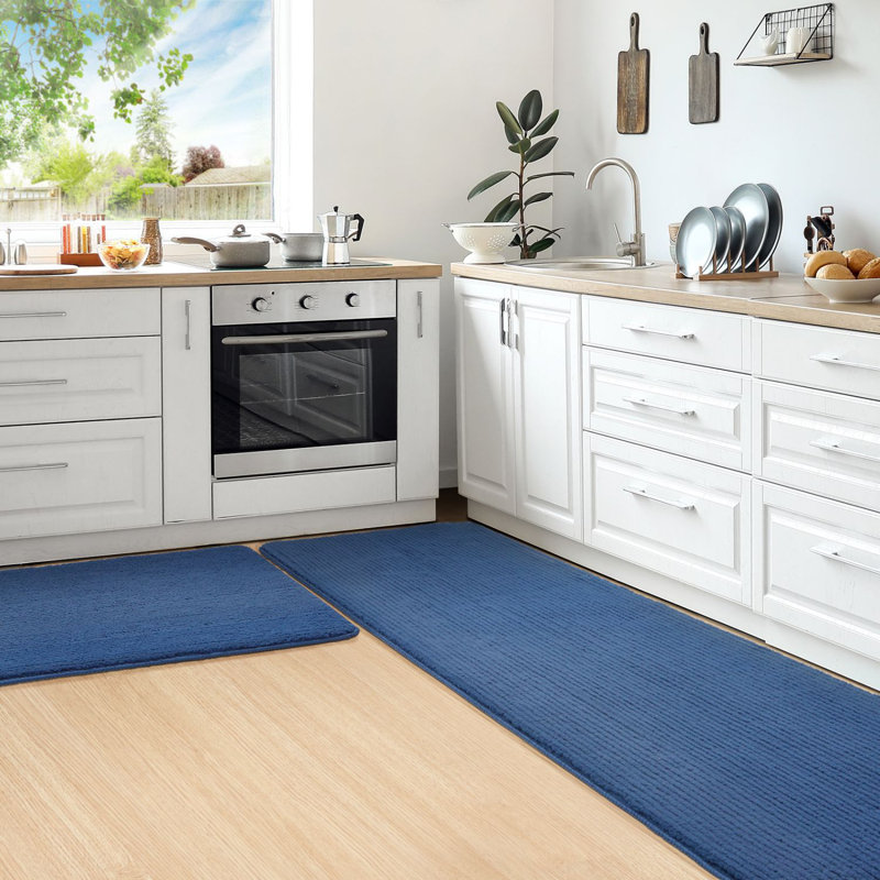 Demarus Solid Colour Polyester Non-Skid Kitchen Mat, Rectangle 6'7" x 1'5", Blue