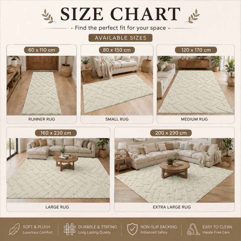 Luxury High Low Area Rug For hallway Bedroom Children Room Lounge , Cream, Rectangle 160 x 230 cm