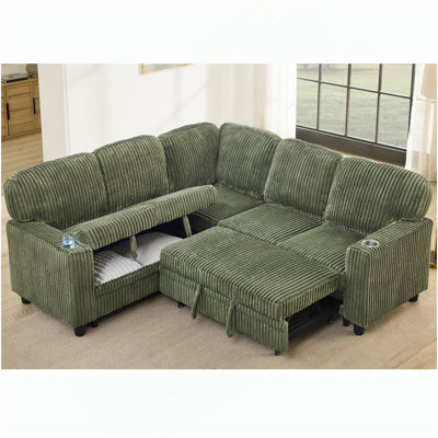 Canapé-lit modulaire en L avec lit escamotable et rangement, canapé-lit 5 places avec chargement USB, conception convertible pour salon, appartement, tissu en velours côtelé, vert olive