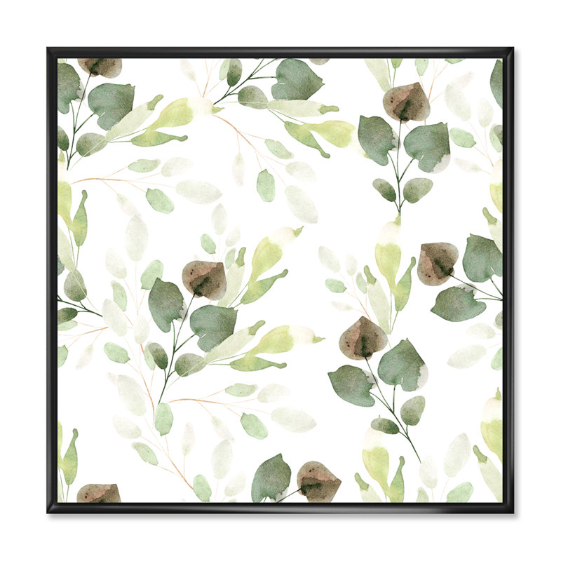 Feuilles vertes sur fond blanc - peinture sur toile, Cadre noir, H 37 po x l 37 po x P 1,5 po