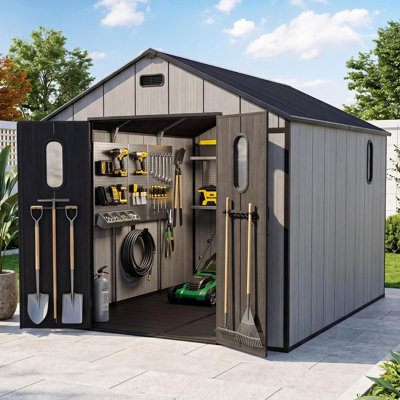 Remise de rangement extérieure en résine 8 x 10 pi avec plancher, remise de jardin en plastique, bâtiment de rangement extérieur résistant aux intempéries pour les outils, vélo, tondeuse à gazon, patio, cour arrière