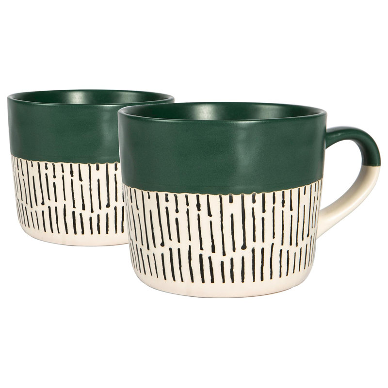 Nicola Spring - Dipped Dash Stoneware Coffee Mugs - 450ml, Sage
