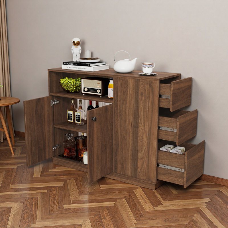 Compact Kitchen Sideboard with 2 Glass Sliding Doors, 3 Drawers & 1 Display Shelf, Ideal for Organized Storage and Modern Decor