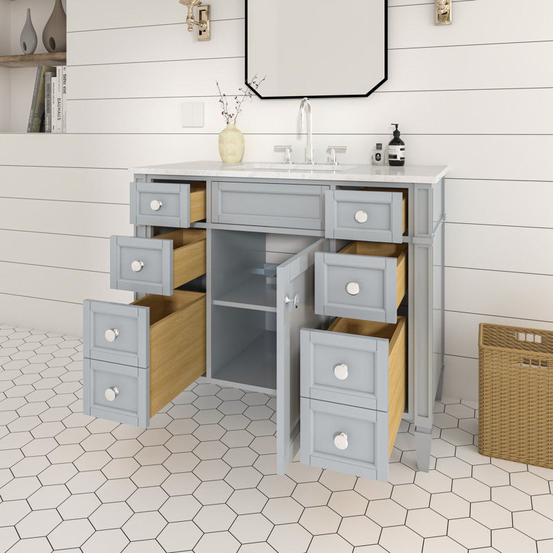 Ensemble de meuble-lavabo autoportant 42 po Alexxis en gris Empire avec plateau en marbre de Carrare, gris