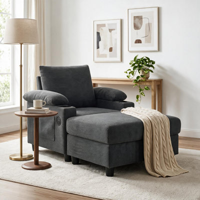 58" Mid Century Modern Lounge Chair with Ottoman, 160° Adjustable Reading Chair, Grey