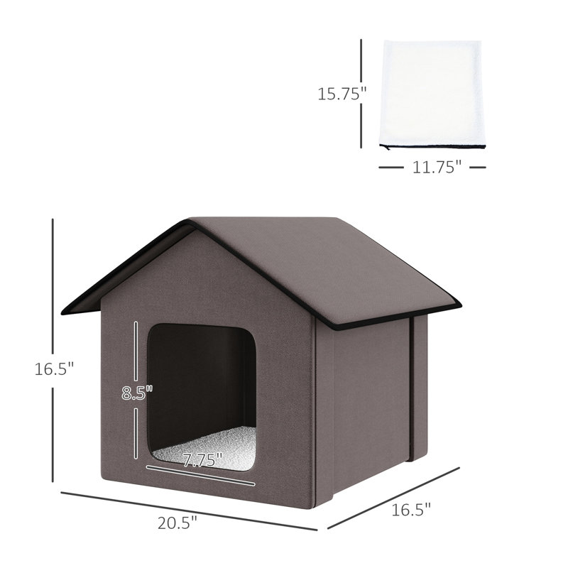 Maison de chat chauffée, pour l'extérieur et l'intérieur, isolée portable, imperméable en brun, avec housse en molleton moelleux et coussin chauffant doux