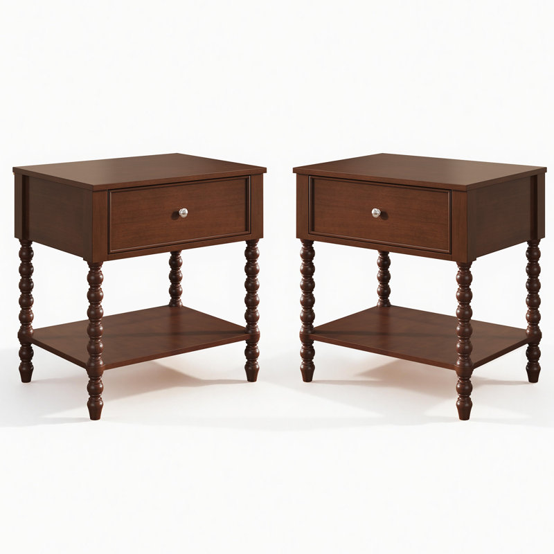 24'' Turned Solid Wood Spindle Nightstand with Drawer&Open Shelf,Walnut, Walnut,  Set of 2