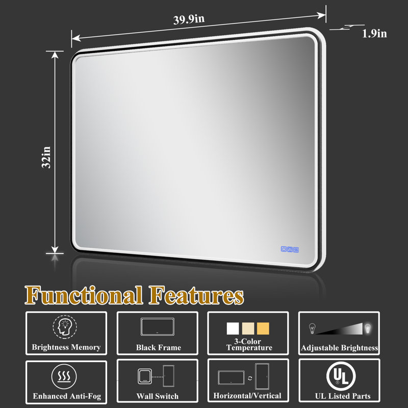 Miroir de salle de bain Liutza, Rectangle, 32 po x 40 po