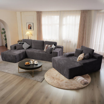 Ensemble de salon 3 pièces sans assemblage, canapé modulaire en velours côtelé moelleux avec causeuse et méridienne