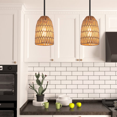 1 - Light Kitchen Single Steel Dimmable Woven Rattan Pendant, UL Certified