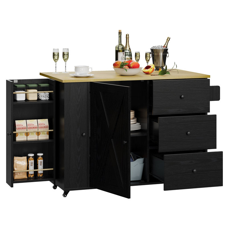 47.2" Transitional Style Kitchen Island With Drop Leaf And Storage, Rolling Kitchen Cart On Wheels With 3 Drawers And Cabinets, Coffee Station