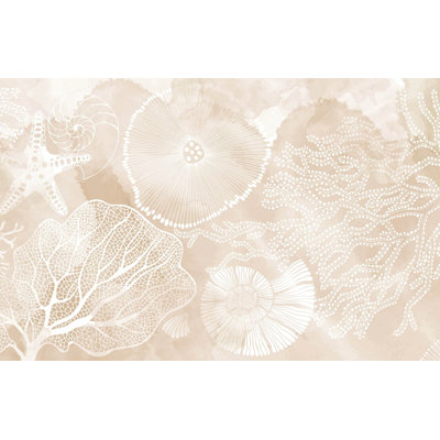 Beige Coastal Coral and Seashell Line Art Wallpaper for Home Decor