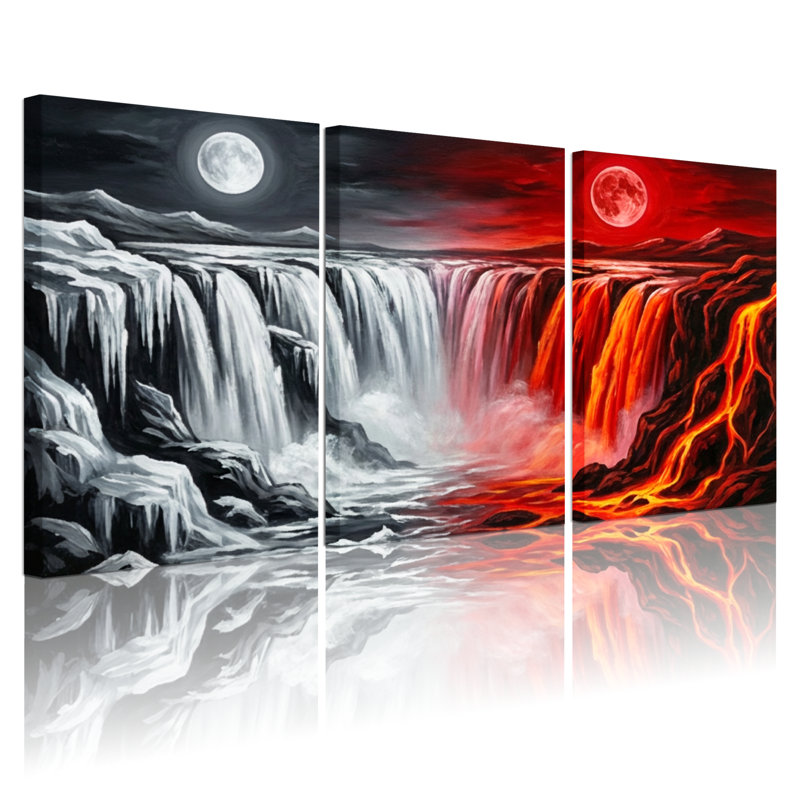Landscape & Nature Moonlit Waterfall Red Lava Flow Reflection, 24" H x 48" W