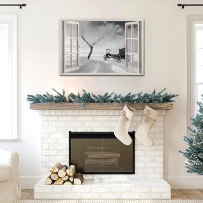 Impression sur toile grand paysage d'hiver avec fenêtre enneigée avec chariot et arbre, scène d'hiver sereine pour le bureau de la chambre à coucher, 20 po x 30 po