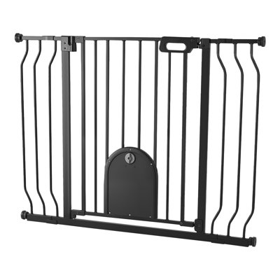 Baby Gate for Stairs, 29.5-43 in Adjustable Width, Baby Gate with Adjustable Cat Door, with Pressure Mount Kit and Wall Mount Kit, Secure Metal Pet Door for Stairs, Doorways, and House, Black