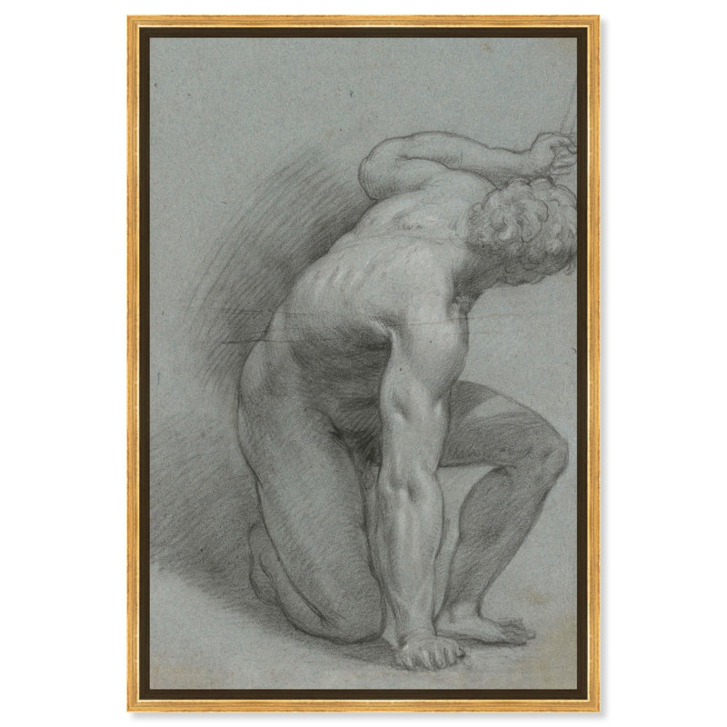 Art mural portrait sur un genou, H 55 po x l 37 po, Cadre blanc