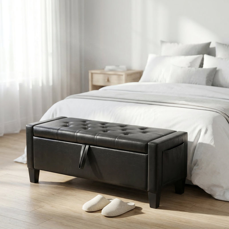 Upholstered Storage Ottoman Bench with Safety Hinge and Tufted Lid, Entryway Seating for Living Room and Bedroom, Black Fabric