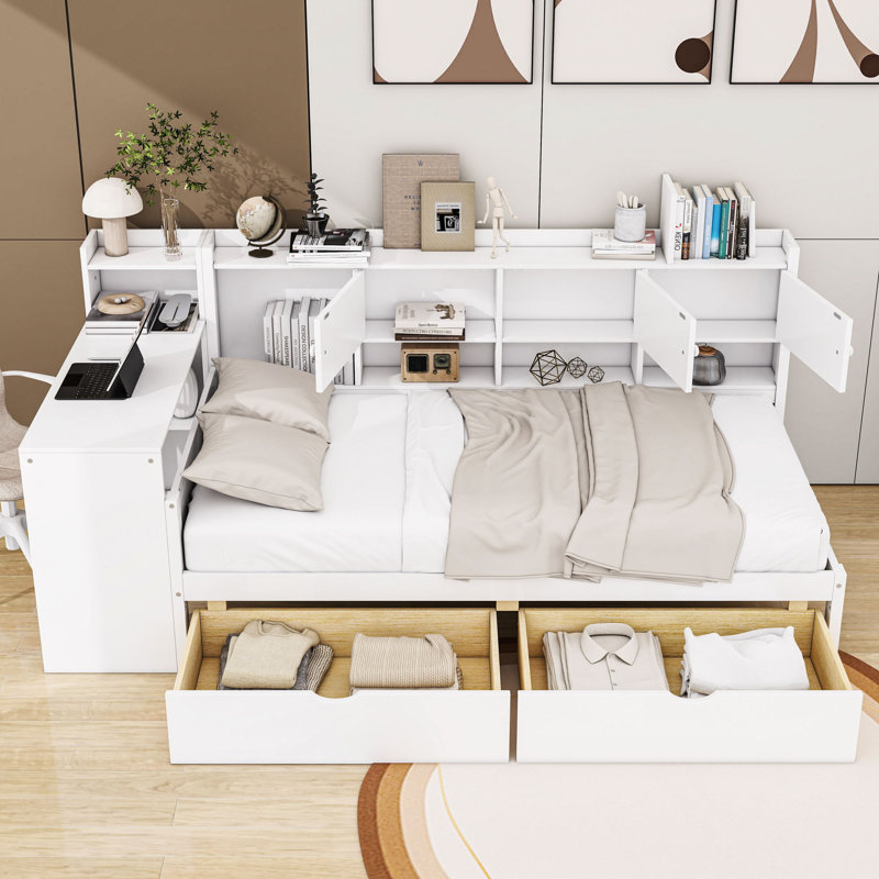 2 Drawers Wood Daybed with Built-in-Desk and Bookcase, Twin, White