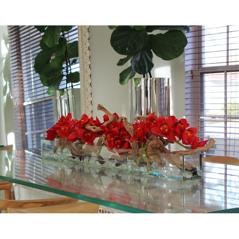 Driftwood Cymbidium Orchids Centerpiece in Glass Planter, 16" H x 48" W x 4" D, Red