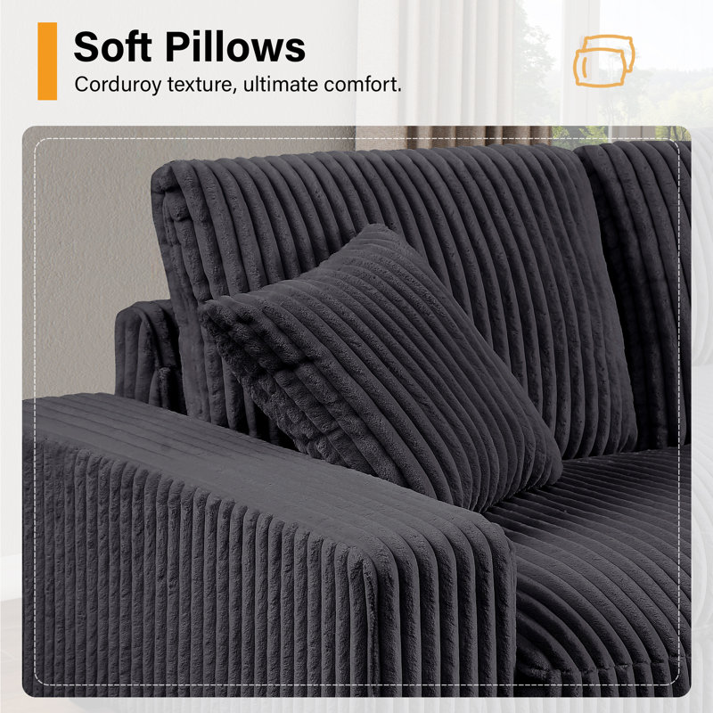 98.7" W Sectional Corner Sofa Oversized Corduroy Modular Cloud Couch With Upholstered Moveable Ottoman, Gray Corduroy