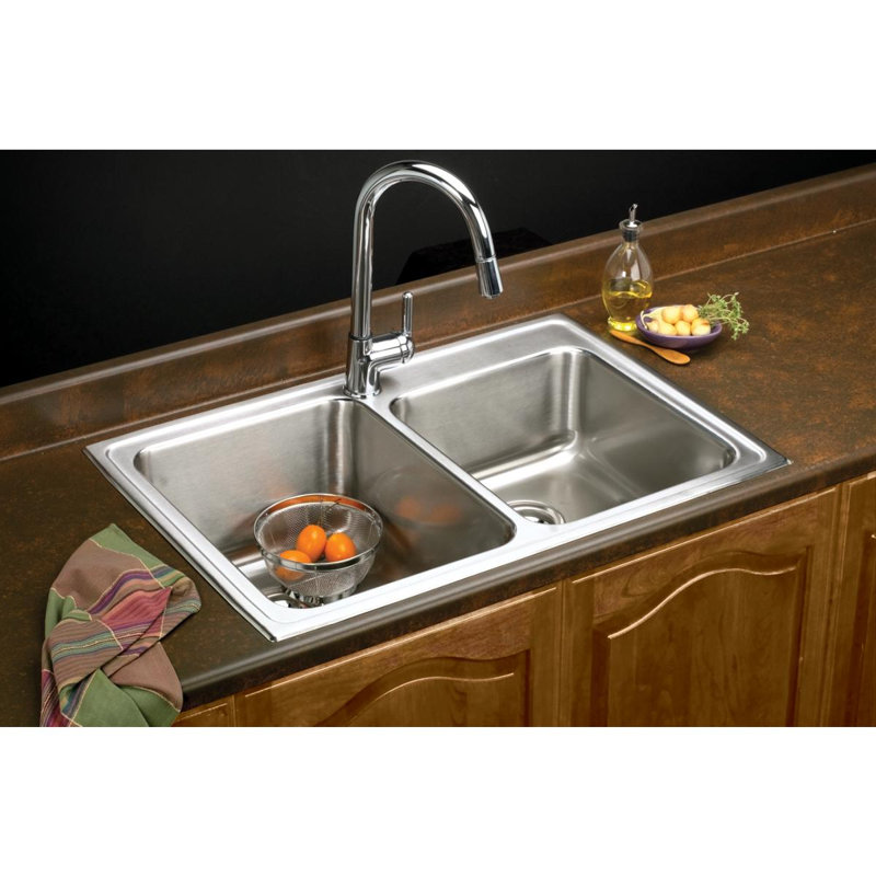 Lustertone 33" L x 22" W Double Basin Drop-in Kitchen Sink with Drain Assembly, 1 hole