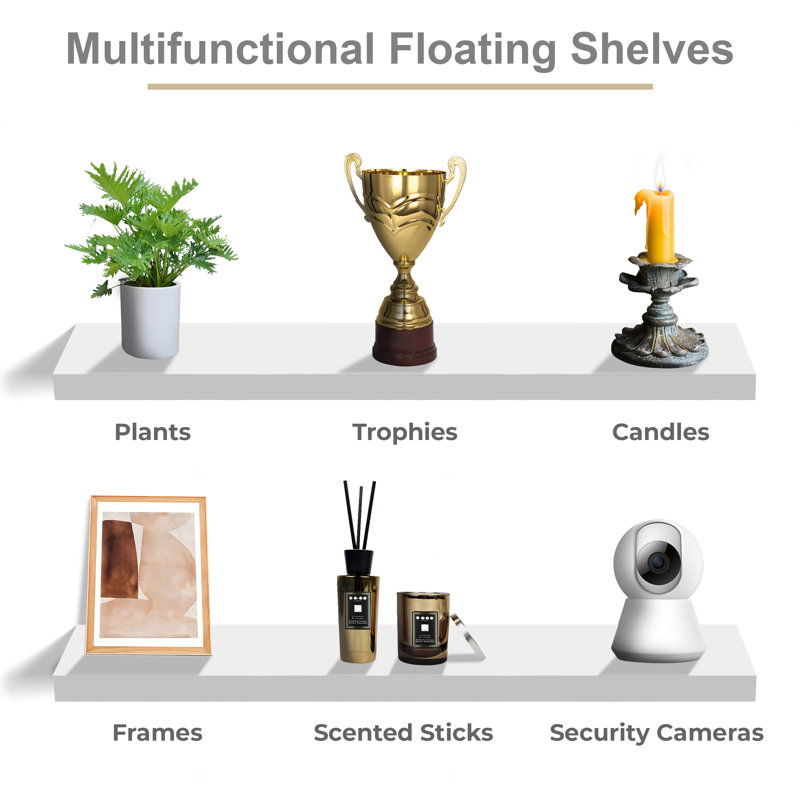  Ensemble de 2 tablettes flottantes de 35 po de long avec fixation invisible - blanc, Blanc, 1.5” H x 35'' L x 9'' W