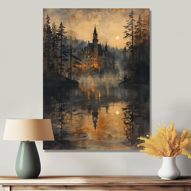 Lustre jaune et noir au clair de lune, Cadre flottant doré, H 40 po x l 30 po