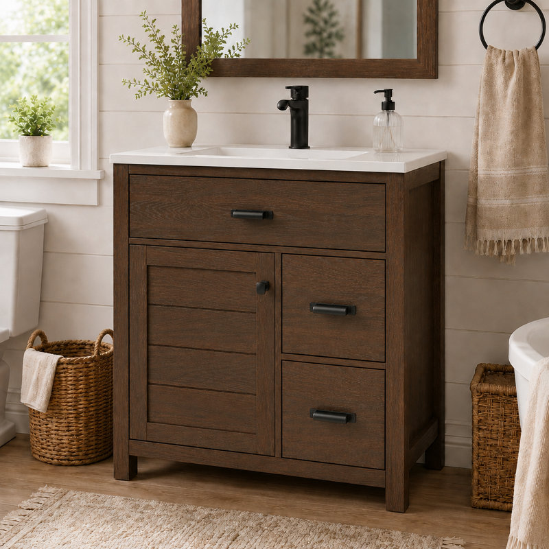 Adria 30" Freestanding Walnut Single Sink Bathroom Vanity With Solid Surface Composite Top, Walnut