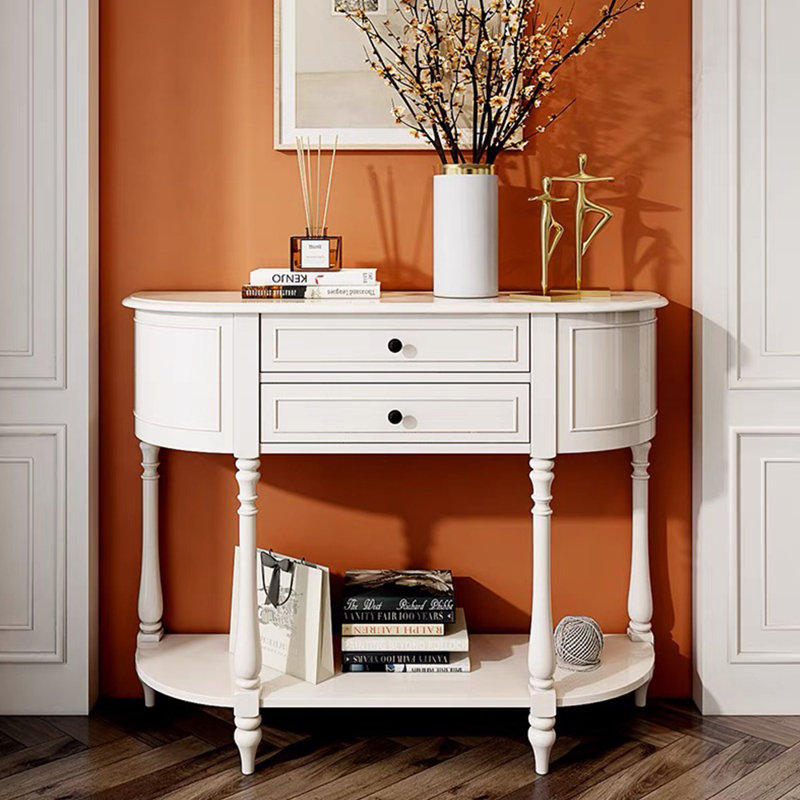 Buffet décoratif demi-rond tout en bois massif All, H 37,2 po x l 47,24 po x P 14,17 po, Blanc