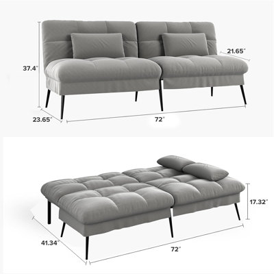 COMHOMA Convertible Futon Sofa Bed, 72″Fabric Futons Couch with Adjustable Backrest, Folding Sleeper Recliner for Living Room Furniture (Grey)
